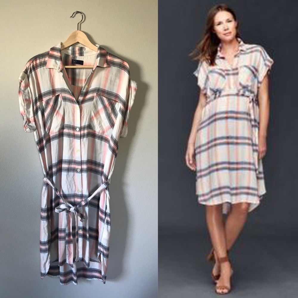 Gap Maternity Pink and White Plaid Shirt Dress